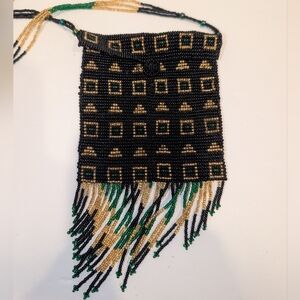 Handcrafted Beaded Flapper Fringe Bag - Black, Gold, Green